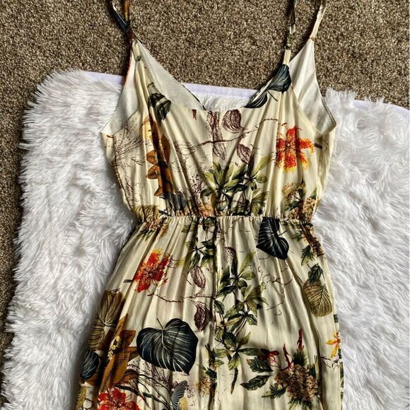 Tropical Hawaiian Floral Pants Jumpsuit Slit Legs Tie Ankle Elastic Waist Thin - Picture 5 of 10